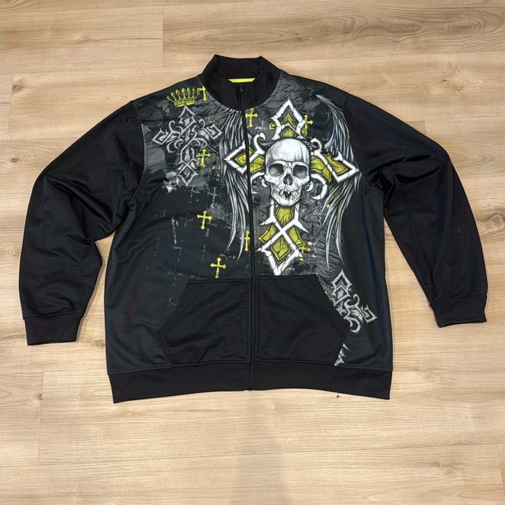 Vintage MMA Elite Men’s Large Zip up black jacket with Celtic crosses and skulls